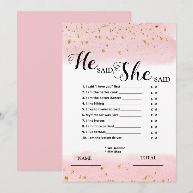 Er sagte, sie sagte, Pink Bridal Game Einladung (Vorne/Hinten)