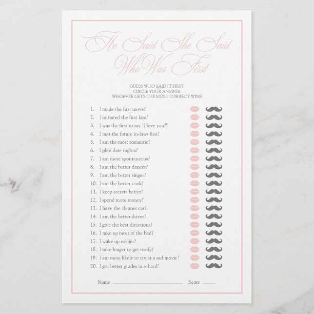 Er sagte, sie sagte Pink Script Brautparty Game (Vorderseite)