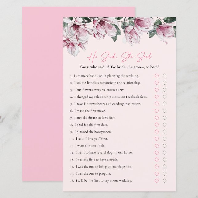 Er sagte: Sie sagte: | Rosa Brautparty Game (Vorne/Hinten)
