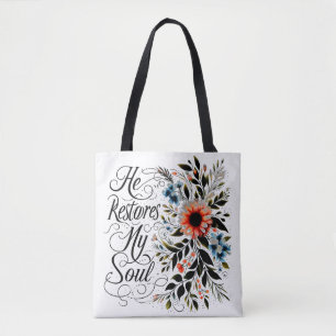 Er stellt meine Seele wieder her floral Tasche