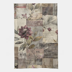 Erb-Blumen-Quilt in Burgund und Braun Geschirrtuch