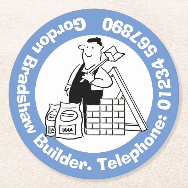 Erbauer mit Gebäude-Materialien. Gebäude Runder Pappuntersetzer (Vorderseite)