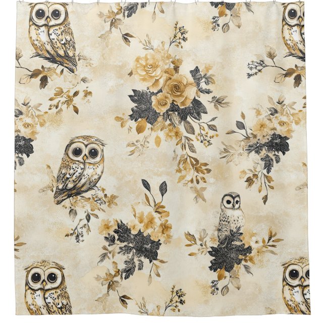 Erbe Beige Eule Botanisches Blumenmuster Duschvorhang (Vorderseite)