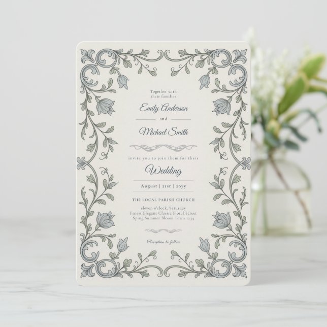 Erbe | Edwardian Blue Flora Scroll Hochzeit Einladung (Stehend Vorderseite)