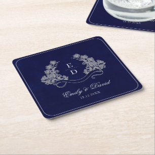 Erbe Floral Crest Navy Monogramm Papier Serviette Rechteckiger Pappuntersetzer