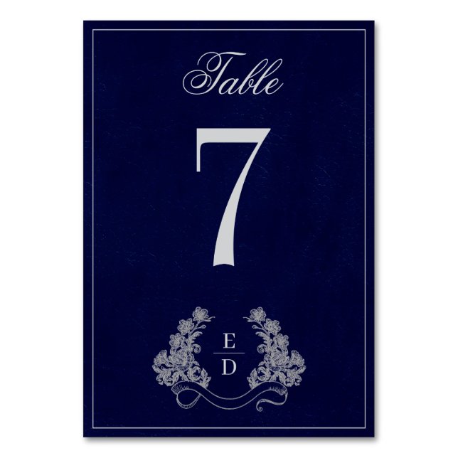 Erbe Florale Krone Navy Monogramm Hochzeit Tischnummer (Vorderseite)