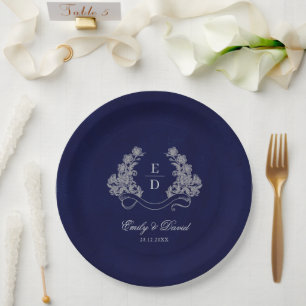 Erbe Florale Wappen Navy Monogramm Hochzeit Pappteller