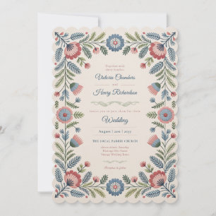 Erbe Folk Art Blush und Blaue Florale Hochzeit Einladung