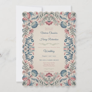 Erbe   Folk Art Blush und Blaue Florale Hochzeit Einladung