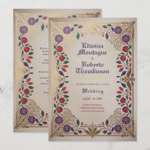 Erbe Mittelalterliche Florale Hochzeit Purpurrot G Einladung