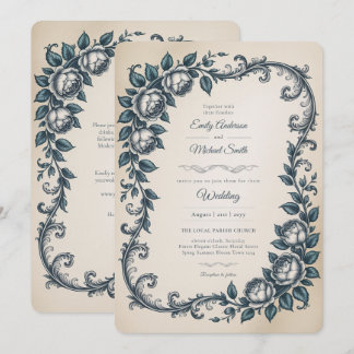 Erbe | Victorian Dusty Blue Botanische Hochzeit Einladung