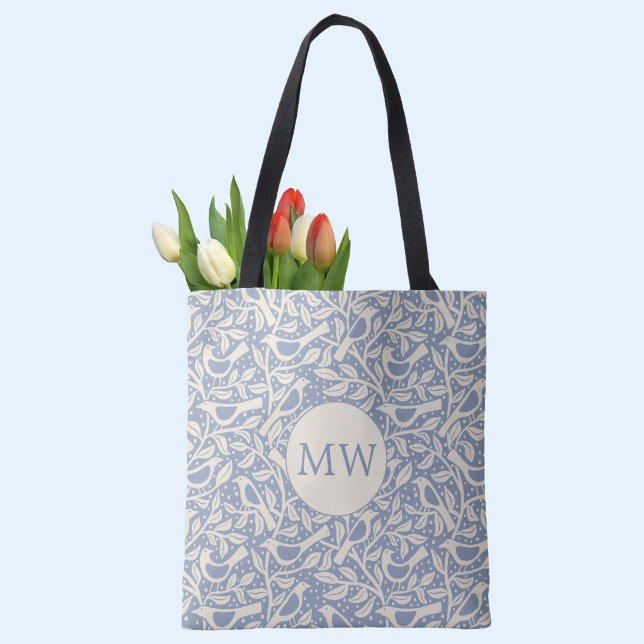 Erbe Vögel Monogramm Anfangsbuchstabe Tasche (Heritage Arts and Crafts style monogram initial personalized birds and branches tote bag)