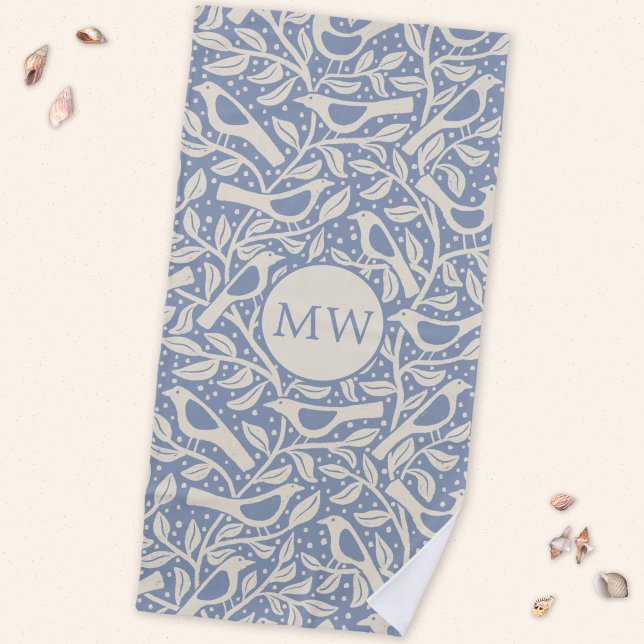 Erbe Vögel Monogramm Anfangsbuchstaben Strandtuch (Heritage Arts and Crafts style monogram initial personalized birds and branches beach towel)