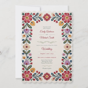 Erbe Volkskunst Rot Floral Vintage Hochzeit Einladung
