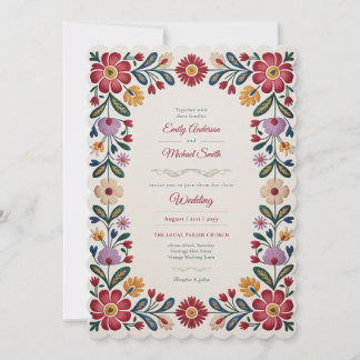 Erbe | Volkskunst Rot Floral Vintage Hochzeit Einladung
