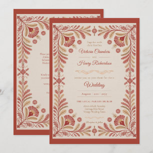 Erbe Volkskunst Terrakotta Gold Blumen Hochzeit Einladung