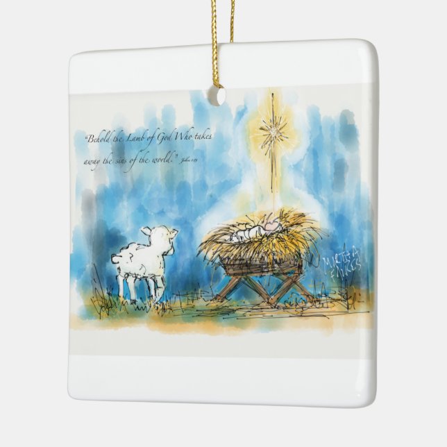 "Erblicken Sie das Lamm-" Weihnachtsverzierung Keramikornament (Links)
