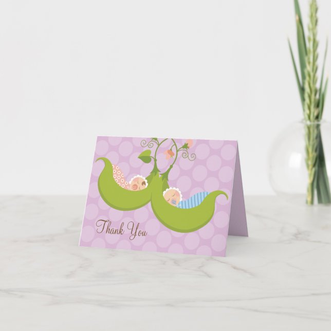 Erbsen in einem Pod Boy Girl Twin Baby Dusche Viel Dankeskarte (Vorderseite)
