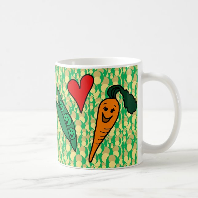 Erbsen-Liebe-Karotten, niedlicher grüner und Kaffeetasse (Rechts)
