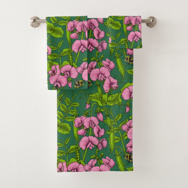 Erbsen und Hummeln, grün und rosa Badhandtuch Set (Insitu)