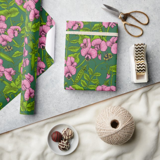 Erbsen und Hummeln, grün und rosa Geschenkpapier (Basteln)