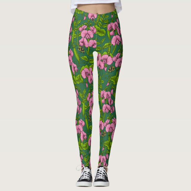 Erbsen und Hummeln, grün und rosa Leggings (Vorderseite)