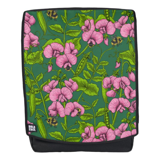 Erbsen und Hummeln, grün und rosa Rucksack (Vorderseite)