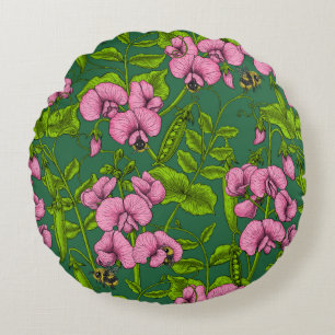 Erbsen und Hummeln, grün und rosa Rundes Kissen