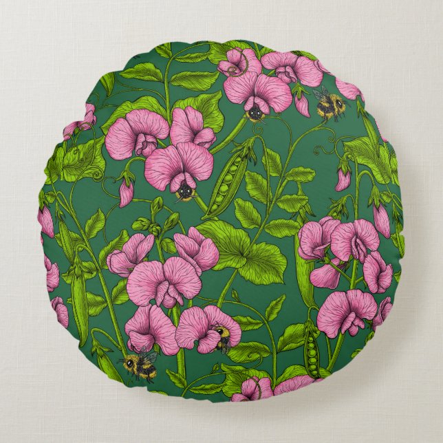 Erbsen und Hummeln, grün und rosa Rundes Kissen (Vorderseite)