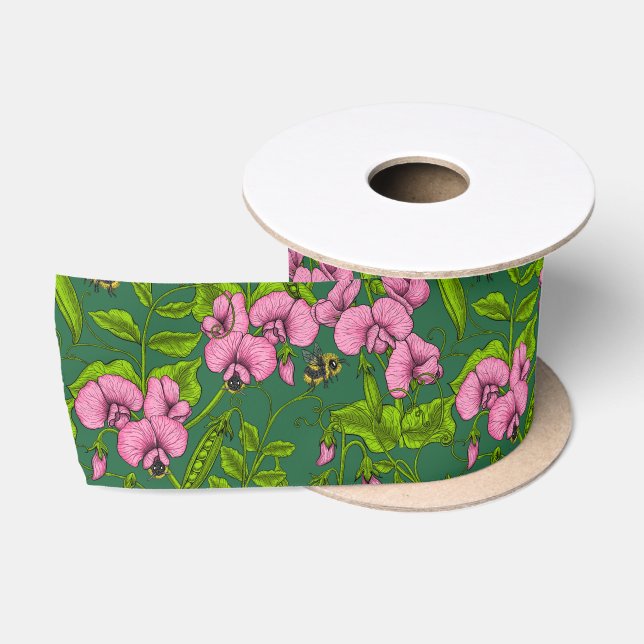 Erbsen und Hummeln, grün und rosa Satinband (Spule)