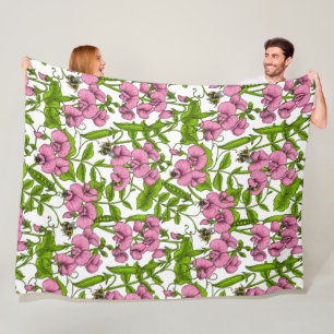 Erbsen und Hummeln, süß, rosa, grün und weiß Fleecedecke