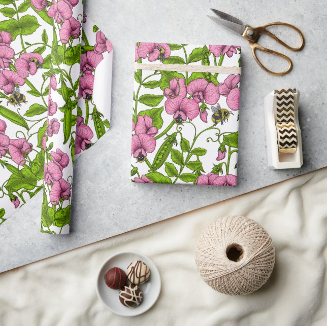 Erbsen und Hummeln, süß, rosa, grün und weiß Geschenkpapier (Basteln)