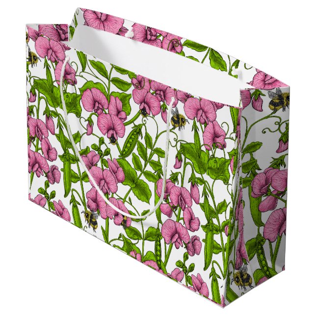 Erbsen und Hummeln, süß, rosa, grün und weiß Große Geschenktüte (Rückseite Schrägansicht)