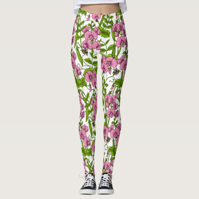 Erbsen und Hummeln, süß, rosa, grün und weiß Leggings (Vorderseite)
