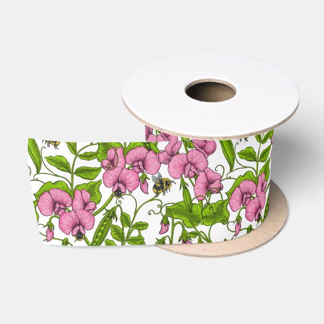 Erbsen und Hummeln, süß, rosa, grün und weiß Satinband (Spule)