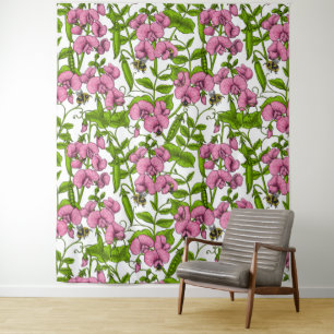 Erbsen und Hummeln, süß, rosa, grün und weiß Wandteppich