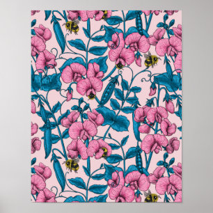 Erbsen und Hummeln, süß, rosa und blau Poster