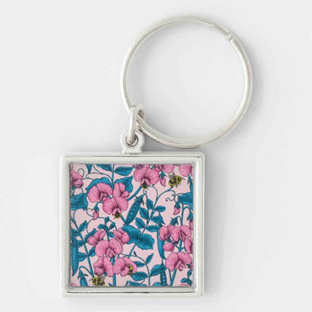Erbsen und Hummeln, süß, rosa und blau Schlüsselanhänger (Vorne)