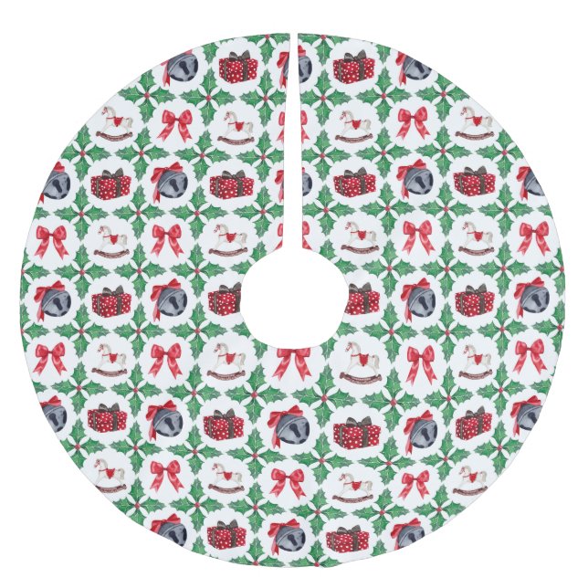 Erbstück-Stechpalmen-Patchwork-Weihnachten Polyester Weihnachtsbaumdecke (Vorderseite)