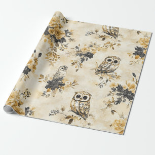 Erbteil Beige Eule Botanisches Blumenmuster Geschenkpapier