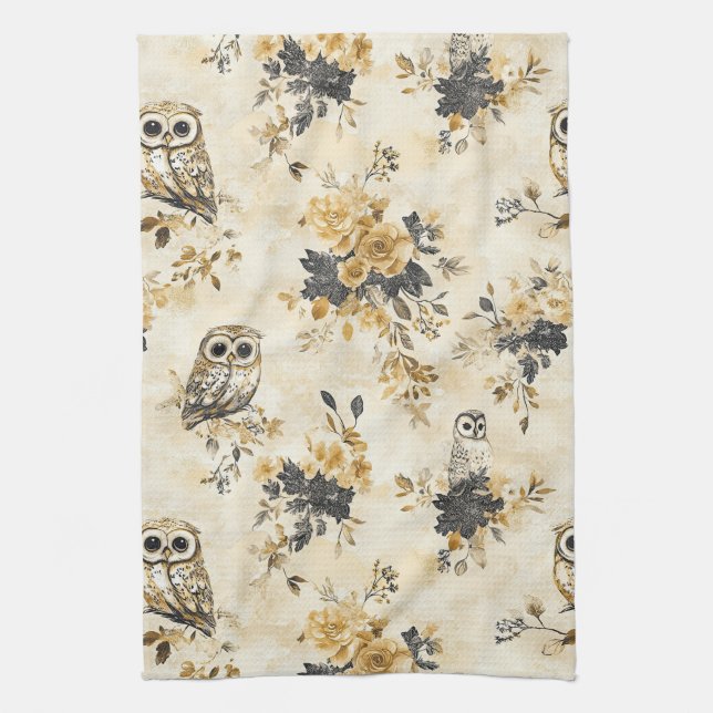 Erbteil Beige Eule Botanisches Blumenmuster Geschirrtuch (Vertikal)