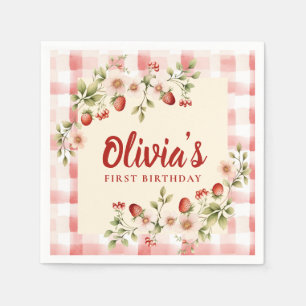 Erdbeer Blumen Gingham Erster Geburtstag Serviette