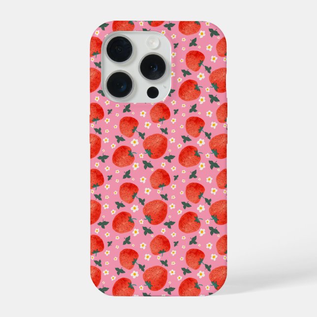 Erdbeer-Blütenmuster iPhone 15 Pro Hülle (Rückseite)