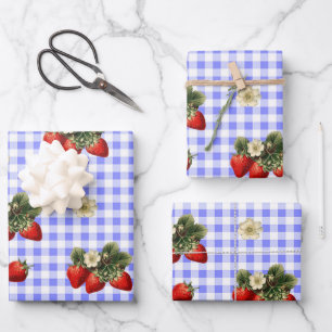 Erdbeer-Geschenkpapier auf blauem Gingham Geschenkpapier Set