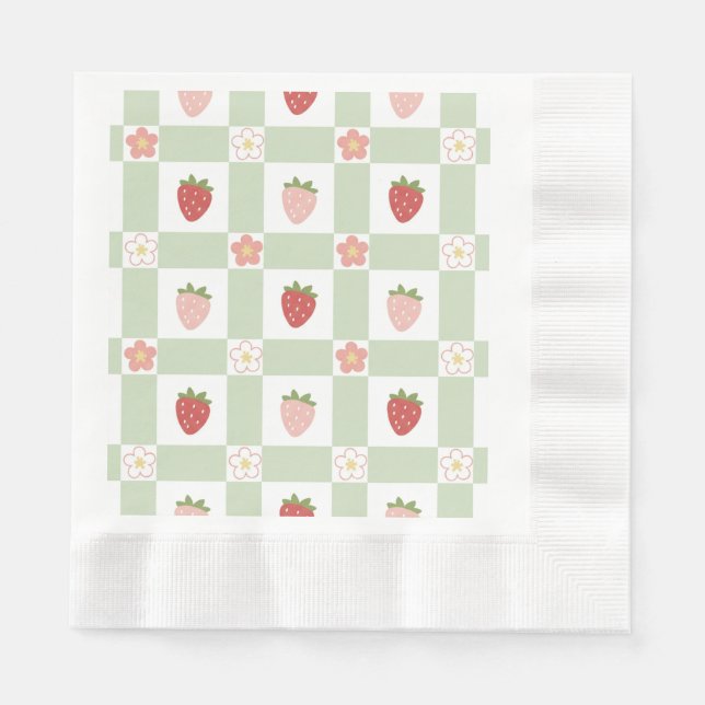Erdbeer-Gingham-Erstgeburtstag mit gemünzter Kante Serviette (Vorderseite)