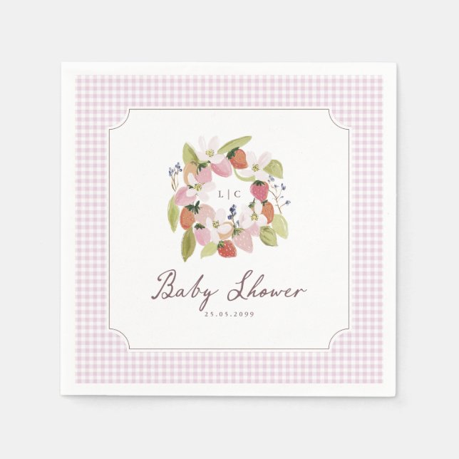 Erdbeer-Monogramm Rosa Gingham-Baby-Party Serviette (Vorderseite)