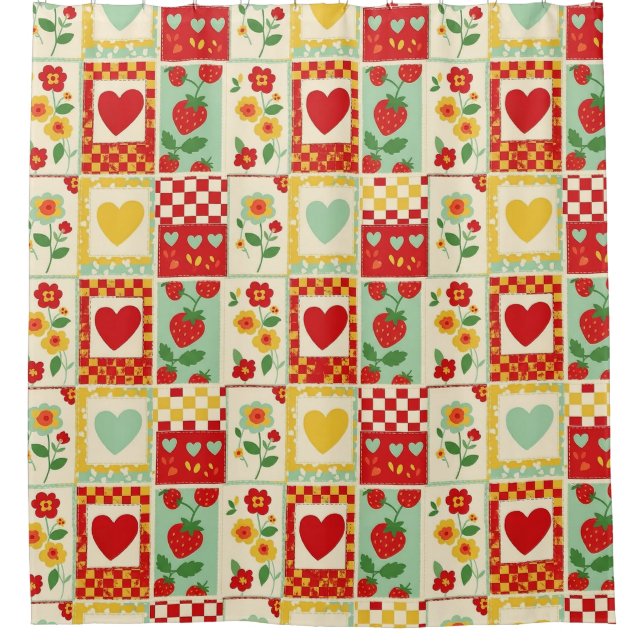Erdbeer-Patchwork-Picknick Duschvorhang (Vorderseite)