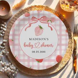 Erdbeer-Rosa-Gingham-Mädchen-Baby-Party Pappteller