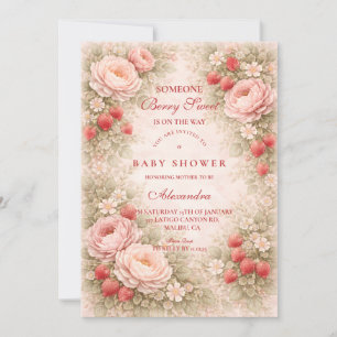 Erdbeer-Rot-Blumen-Baby-Party Einladung