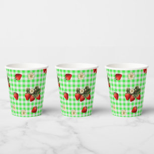 Erdbeerblüten grüner Gingham süße Papiertassen Pappbecher